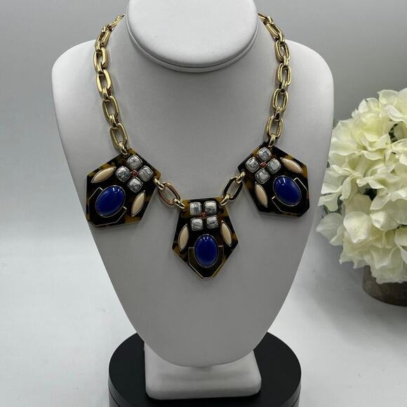 J. crew Blue Brown Tortoise Shell Rhinestone Statement necklace - Picture 1 of 8